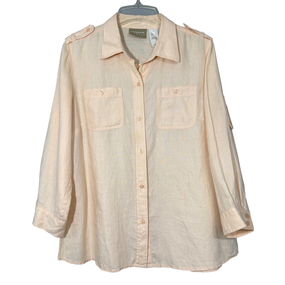 Liz Claiborne Women's Button Up Shirt Size L Linen 3/4 Roll Tab Sleeve Classic‎